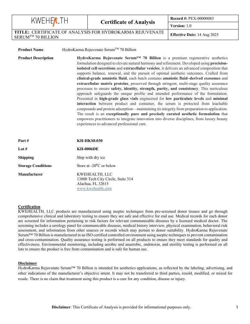 Sample Certificate of Analysis for HydroKarma Rejuvenate Serum™ 70B, Lot KH-0006DE