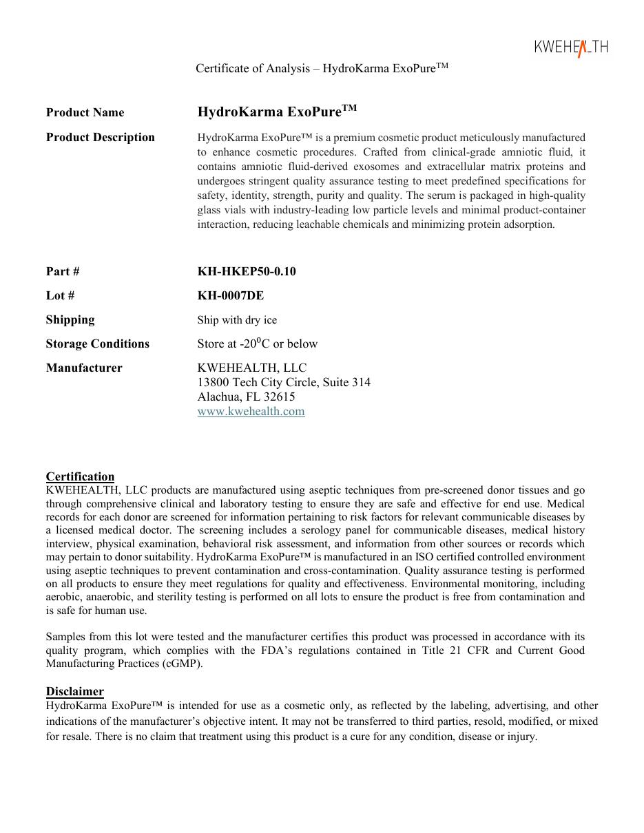 First page of a sample Certificate of Analysis