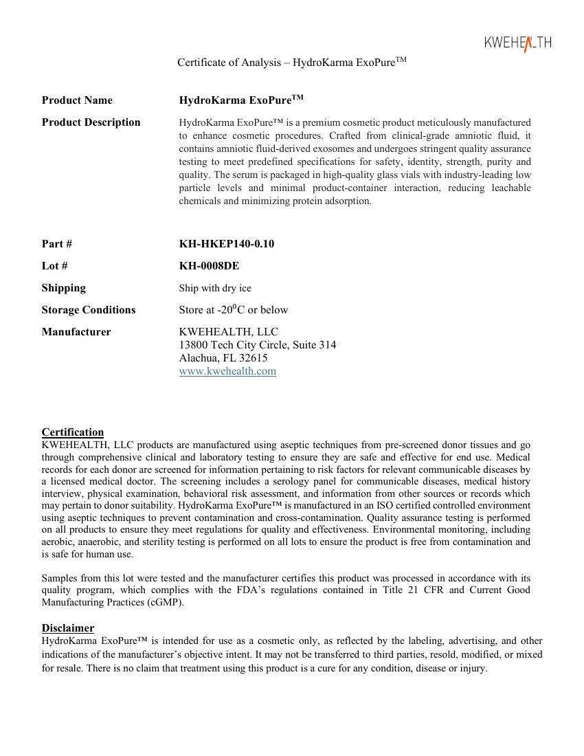 Sample Certificate of Analysis for HydroKarma ExoPure™ 140B, Lot KH-0008DE